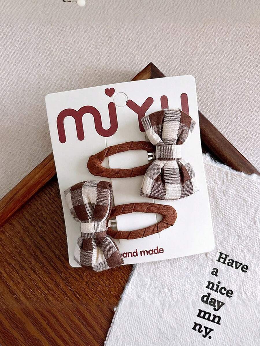 2个可爱米色布艺蝴蝶结发夹，自然风刘海夹，适合女孩 - 彩色 - 查看 1