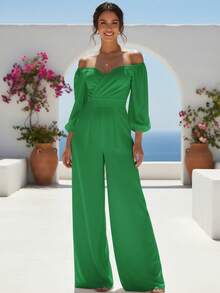 Mujer elegante mono con diseño cruzado busto fruncido cintura ajustada holgado palabra de honor manga larga primavera verano fiesta pierna ancha - Verde Menta - Ver 1