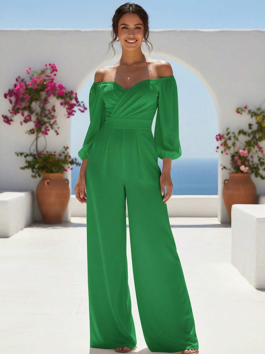 Mujer elegante mono con diseño cruzado busto fruncido cintura ajustada holgado palabra de honor manga larga primavera verano fiesta pierna ancha - Verde Menta - Ver 1