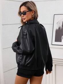 Women's Fashion Black PU Leather Bomber Jacket, Long Sleeve, Lapel Collar, Zipper Pockets, Regular Length - Black - View 8