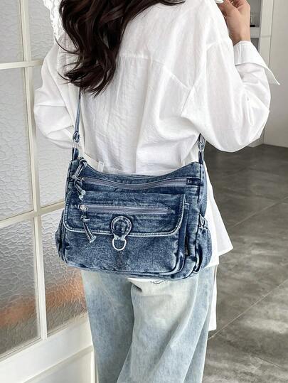 1个（11.4英寸*8.7英寸*3.5英寸）时尚女士牛仔单肩包/斜挎包/邮差包，配有可调节肩带，适合购物、约会、聚会、工作通勤等场合，优雅简约休闲酷炫蓝色单肩包