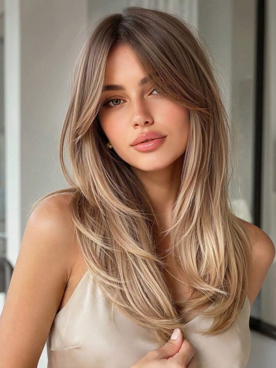 24英寸长直发渐变棕色至金色假发，带刘海，自然层次感长直发，耐热，适合日常佩戴和派对。