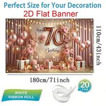 1pc 2D Flat Rose Gold Themed Banner, Suitable For 70th Birthday, Made Of Polyester, In Pink-Gold Color Scheme With String Lights And Gift Box Decor - 5 - View 4