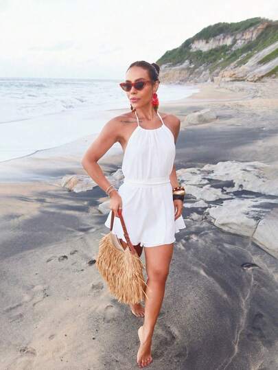 QIANZHIDU Vestido corto de verano de mujer SUNSTORY, elegante, romántico, vintage y bohemio, de unicolor, con tirantes finos, espalda descubierta, volantes en capas, convertible de doble capa, casual, suelto, cómodo, suave y ligero de gasa, adecuado para vacaciones de verano, playa, uso diario, boda, cita, fiesta, viaje, festival de música y festival de cerveza