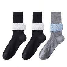3 Pairs Women's Solid Color Mid-Calf Socks, Comfortable Versatile Breathable Moisture-Wicking - Multicolor - View 12