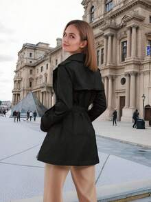 Women's Double-Breasted Windbreaker, Commuting Casual Jacket, Solid Color Design, Fashionable And Versatile For Spring And Autumn - Black - View 3