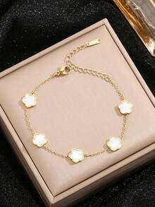 1pc Stainless Steel Fashionable Bestselling Lucky Clover Flower Mother Of Pearl Necklace, Versatile Elegant Luxury Plum Blossom Choker For Women - Five-petal Flower Bracelet - View 4