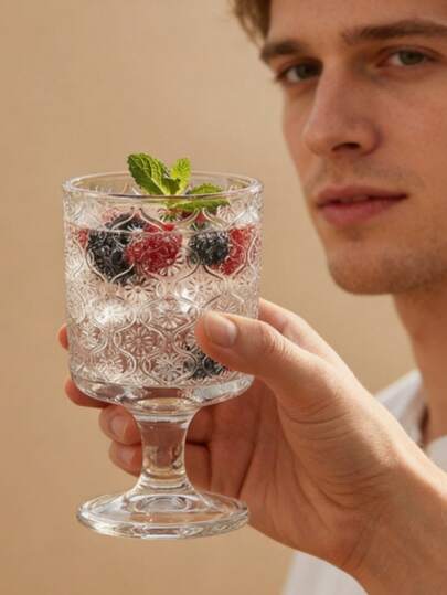 Short-Legged Coffee Cup, Begonia Flower Embossed Glass Goblet, Juice/Wine Glass