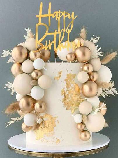 1 Set Khaki Sphere Cake Decorations, Bohemian Style Cake Decor, Khaki & Platinum Pearl Balls, Happy Birthday Cake Topper, Wedding, Christening, Baby Shower, Birthday, Mother's Day, Bachelorette Party Cake Decor, Bohemian Theme Party Supplies (Please Use With Sticks, Do Not Directly Contact The Cake)