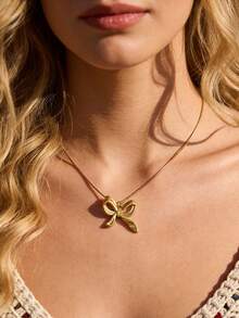 Mazuer 1pc 18K Gold Plated Stainless Steel Bow Pendant Necklace, French Sweet Style Golden Snake Bone Chain Necklace, Jewelry Gift For Women Party, Date, Daily Wear, Birthday, Holiday - Bow - View 2