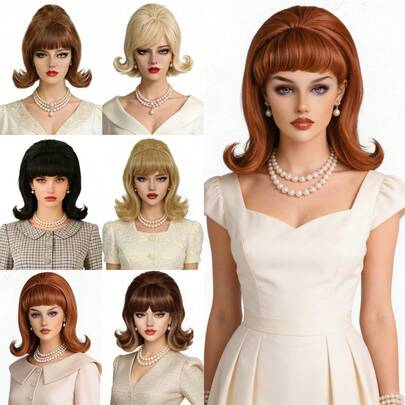 Vintage 60s Beehive Short Curly Wig With Bangs, High Top Hairstyle, Perfect For Party, Cosplay & Daily Wear For Women