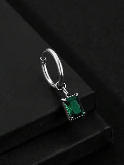 1pc Stainless Steel Square Cubic Zirconia Inlaid Pendant, Fashionable Minimalist Versatile Earring For Men