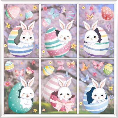 6PCS/Easter Window Clings, 6 Sheets 63 Pcs Easter Bunny Eggs Window Stickers, Reusable Static Non-Adhesive Window Decals For Home Glass Decor, Easter Party Supplies Spring Holiday Decorations