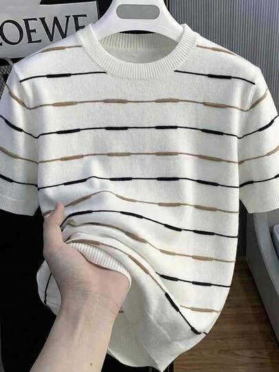Men's Summer Round Neck Knit Striped Contrast Color Casual Pullover