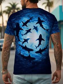 男士圆领鲨鱼图案短袖T恤，夏季度假风 - 彩色 - 查看 2
