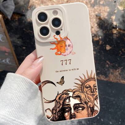 1 pieza "777 Universo conmigo" Funda de teléfono con ilustración impresa de la luna y el universo, diseño estético de estilo boho cósmico con el número angelical, protección de lente, mate blanco a prueba de golpes, compatible con iPhone 17/17 Pro/14/16/16, adecuado para exploradores espirituales, entusiastas de la astronomía, cumpleaños y uso diario