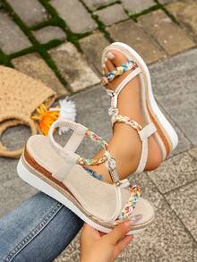 Women's Summer Beach Sandals, Bohemian Style Open Toe Wedge High Heels, Thick Sole Elastic Slip-On Casual High Heels - Beige - View 1
