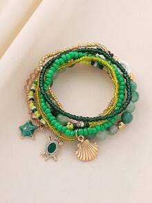 7pcs Bohemian Elegant Luxury Fashion Versatile Handmade Beaded, Crystal, Turtle, Starfish, Shell Pendant Elastic Bracelet Set, Suitable For Women Beach, Vacation, Party, Perfect Gift, Everyday Wear - Multicolor - View 8