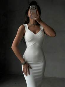 夏季时尚性感优雅V领修身吊带裙，罗纹及膝绷带连衣裙，白色，适合夜间外出、正式晚宴、鸡尾酒会、女士春季婚纱礼服 - 白色 - 查看 8