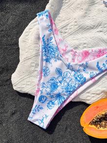 Women's Summer Bikini Set, Elegant Romantic Double-Sided Printed Twist Design Bikini Set, Suitable For Beach Vacation - Powder Blue - View 5