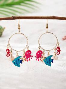 1 Đôi bông tai vòng hình sinh vật biển mạ vàng, phong cách Boho bãi biển với mặt dây chuyền hình bạch tuộc, cá, cá ngựa, sao biển tráng men, trang sức sinh vật biển nhiệt đới vui nhộn cho trang phục nghỉ hè. - Nhiều màu - Xem 4