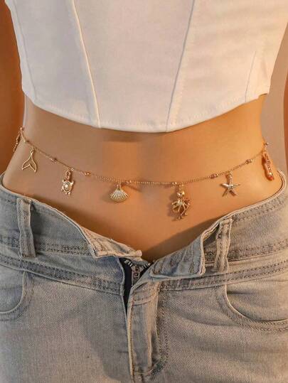 1 pieza Cadena de cintura con colgante de tono dorado con diseños de estrella de mar, caballito de mar, cola de sirena, concha y tortuga, de moda y lindo, adecuado para uso diario, vacaciones en la playa, festivales de música de verano, fiestas y citas