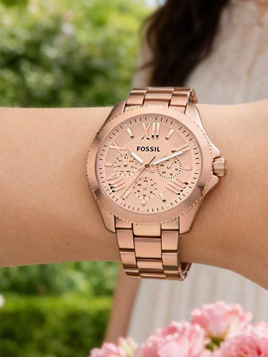 Fossil Reloj de cuarzo clásico y elegante para mujer en color oro rosa, con diseño de múltiples esferas, correa de cadena metálica con números romanos, esfera cronógrafo de moda en aleación, adecuado para la oficina, uso diario y como regalo - Rosa - Ver 1