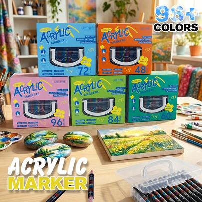 12/24/36/48/60/72/100/120 Colors Dual Tip Acrylic Marker Pen Set, Soft & Hard Nibs, Student Art Supplies, Waterproof, Quick Drying, Non-Bleeding, Multi-Size Gift Box Painting Tools