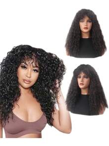 18 Inch Black & Brown Wavy Curly Wig With Bangs, Fluffy Voluminous Curly Hair, Synthetic Fiber Material, Suitable For Daily Wear And Cosplay - Black-brown - View 11
