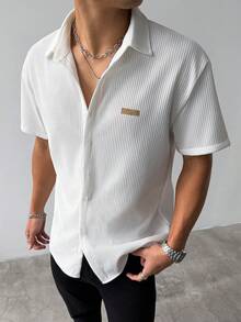男士夏季度假套装，针织条纹提花短袖衬衫，男士休闲白衬衫，男士沙滩度假上衣，适合情侣约会，衣橱必备，送给男友/丈夫的理想礼物 - 白色 - 查看 6
