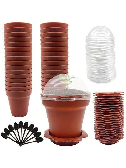 10个棕色育苗盆，带保湿盖、托盘和铲子，适合春季园艺、多肉植物展示和种子培育，轻便的室内/室外植物容器，园艺装饰