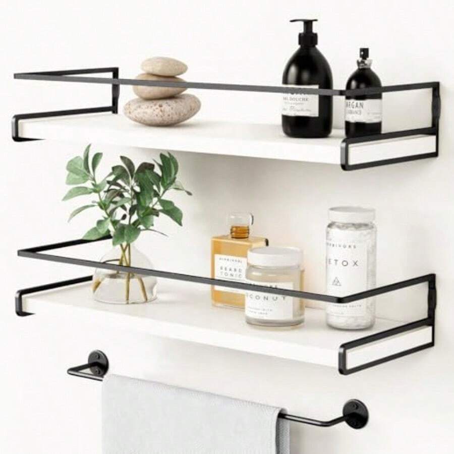2 Repisas Flotantes de ParedEstantes Flotantes con toallero Estante de Almacenamiento Repisas para Baño Cocina Cuarto Estar Oficina Dormitorio - blanco negro - Ver 1