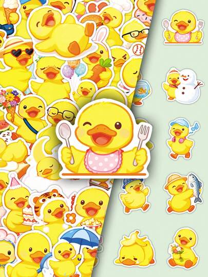 51张可爱卡通鸭子贴纸，萌萌的动物涂鸦贴花，适用于文具、行李箱、剪贴簿、墙面装饰