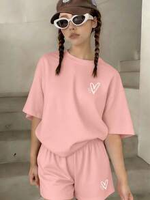 2pcs/Set Teenage Girls' Heart Print Short Sleeve T-Shirt And Shorts Set, Casual Loose Fit, Suitable For School, Vacation And Shopping Outings. A Versatile Casual Spring Style. - Pink - View 2
