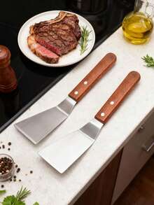 1件装扁平铲，厨房烹饪工具，不锈钢木柄铁板煎饼蛋糕铲，不锈钢扁平铲，木柄烹饪铲，翻铲，提拉米苏铲，蛋糕铲，牛排煎铲，铁板烧烤铲，披萨铲，烹饪炒菜和煎蛋铲，蛋糕切割器，蛋糕刮刀，铁板烧烤铲，厨房烘焙和烹饪工具，适用于蛋糕、提拉米苏、面包、煎牛排、铁板烧、煎饼、炸鸡卷等。 - 銀色 - 查看 2