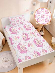 2/3件套粉色独角兽公主床笠套装，梦幻儿童床上用品，含枕套，柔软超细纤维女孩卧室装饰，防滑床垫保护套（单人/双人/大号/特大号） - 彩色 - 查看 3