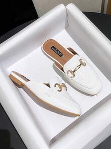 Mengshangli Zapatos planos de punta cuadrada para mujer, mulas elegantes y graciosas de unicolor a cuadros con detalles metálicos, calzado de oficina, fiesta, vacaciones, primavera y verano - Blanco - Ver 1