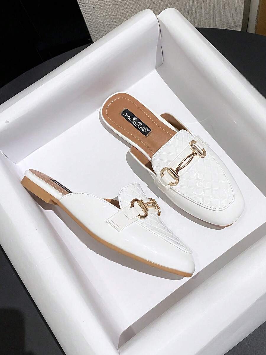 Mengshangli Zapatos planos de punta cuadrada para mujer, mulas elegantes y graciosas de unicolor a cuadros con detalles metálicos, calzado de oficina, fiesta, vacaciones, primavera y verano - Blanco - Ver 1