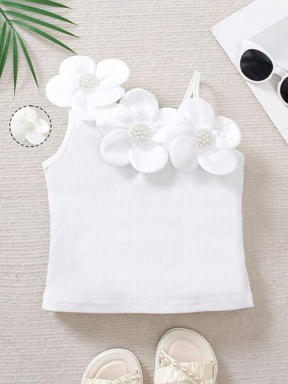 Áo tank top trắng kiểu dáng mùa hè thời trang mới cho bé gái, dây đeo vai bất đối xứng, họa tiết hoa 3D.
