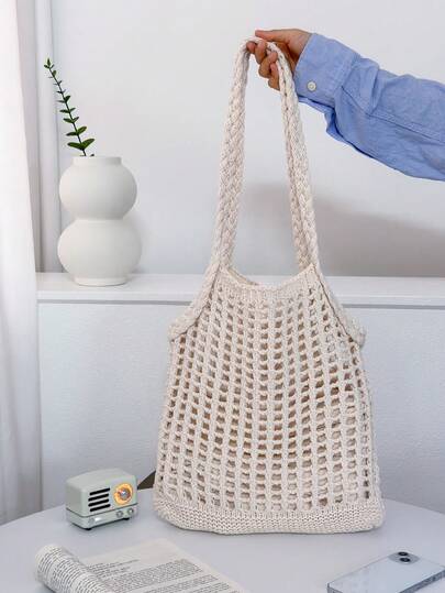 2026 Spring/Summer Fashionable Retro Vacation Style Large Capacity Crochet Woven Beach Bag, Handmade Woven Shoulder Strap, Foldable Hollow-Out Elegant Tote Bag, Ideal For Dates, Outings, Shopping, Vacation And Cruises. A Perfect Gift For Mother's Day, Valentine's Day Or Teacher's Day.