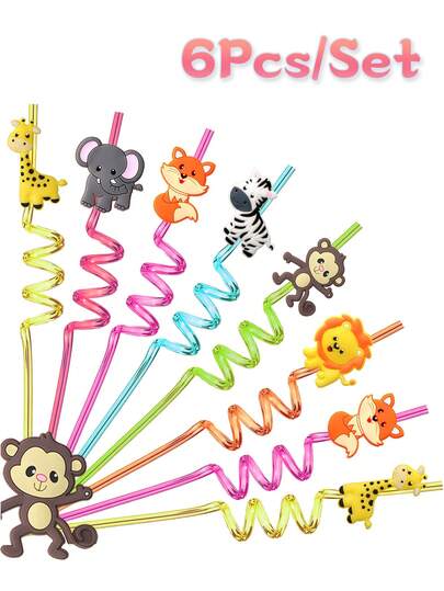 6 piezas de pajitas transparentes reutilizables con temática de animales, adecuadas para león, zorro, cebra, jirafa, suministros para fiestas de cumpleaños de animales salvajes del zoológico, decoraciones y regalos para fiestas temáticas de la selva