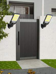 2 piezas Luces solares para exteriores, Conjunto de iluminación de emergencia con panel solar de 108 COB, sensor de movimiento/sensor de luz inteligente, batería recargable, 3 modos de funcionamiento, control remoto, ABS y metal pulido, ángulo ajustable, adecuado para pared, jardín, camino, cerca, linterna de patio - 9 cuadrículas - Ver 5