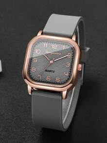 2pcs/Set Women's Silicone Square Watch With Numeric Dial, Classic Quartz Wristwatch + Heart-Shaped Bracelet (Watch Box Not Included) - Grey - View 8