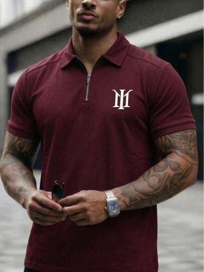 男士酒红色半拉链POLO衫，欧美轻便商务修身翻领短袖，字母刺绣纹理上衣，都市精英日常通勤T恤，纯色百搭