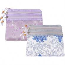 kilofly Chinese Silk Brocade 3 Zipper Pockets Jewelry Pouch Bag Set of 2 - conjunto 2 A - Ver 8