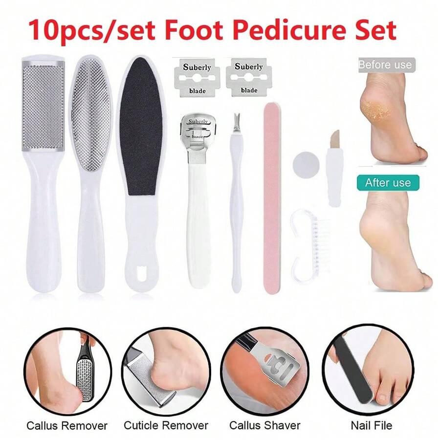 10pcs/Set Foot Pedicure Set Peeling And Exfoliating Calluses Foot Scrubbing Brush Stainless Steel Double-Sided Foot Care Pedal Stone