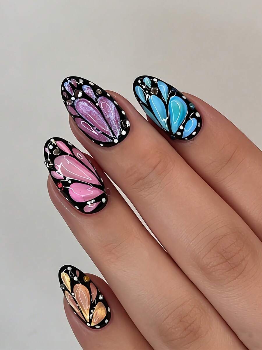 用24片杏仁形美甲片表达你的爱意！仙女般的粉色蝴蝶形美甲片、蓝色蝴蝶形美甲片、紫色蝴蝶形美甲片、黑色假指甲、梦幻银色水钻美甲片、黄色蝴蝶形美甲片、绿色蝴蝶形美甲片、优雅白色不规则图案假指甲片，全覆盖式假指甲贴片，适合女性和女孩。包含1张粘合贴片和1个迷你指甲锉条，果冻凝胶，随机发货。 - 黑色 - 查看 1