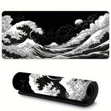 1pc Extra Large Japanese Style Black Wavy Gaming Mouse Pad - Ergonomic Design, Non-Slip Rubber Base, Artistic Japanese Landscape Pattern Suitable For Computer And Tablet, Durable Smooth Surface, Computer Mouse Pad | Art Mouse Pad | Durable Mouse Pad, Extra Large Mouse Pad - Mouse Pad - View 2