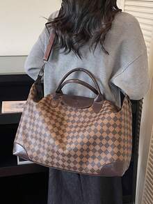 1pc PU Handbag Travel Bag, Student Organizer Bag, Large Capacity Short-Trip Luggage Bag, Waterproof Compartment, Fits Carry-On Suitcase, Lightweight, Unisex Gym Bag, Business Travel Tote - Coffee - View 9