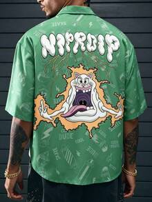 男士卡通印花翻领口袋前开襟纽扣短袖衬衫，夏季款 - 綠色 - 查看 4